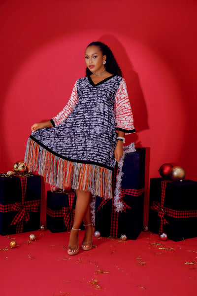 Luna Adire Fringe aso oke dress